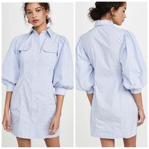 GANNI Women Size 42 /US Lg Brunnera Blue Striped Balloon Sleeve Mini Shirt Dress